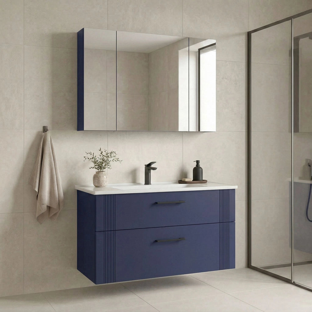 Set mobile lavabo con specchio (2 pezzi) "Bari 100 v2" - 100 x 45 x 55 cm - Blu navy opaco