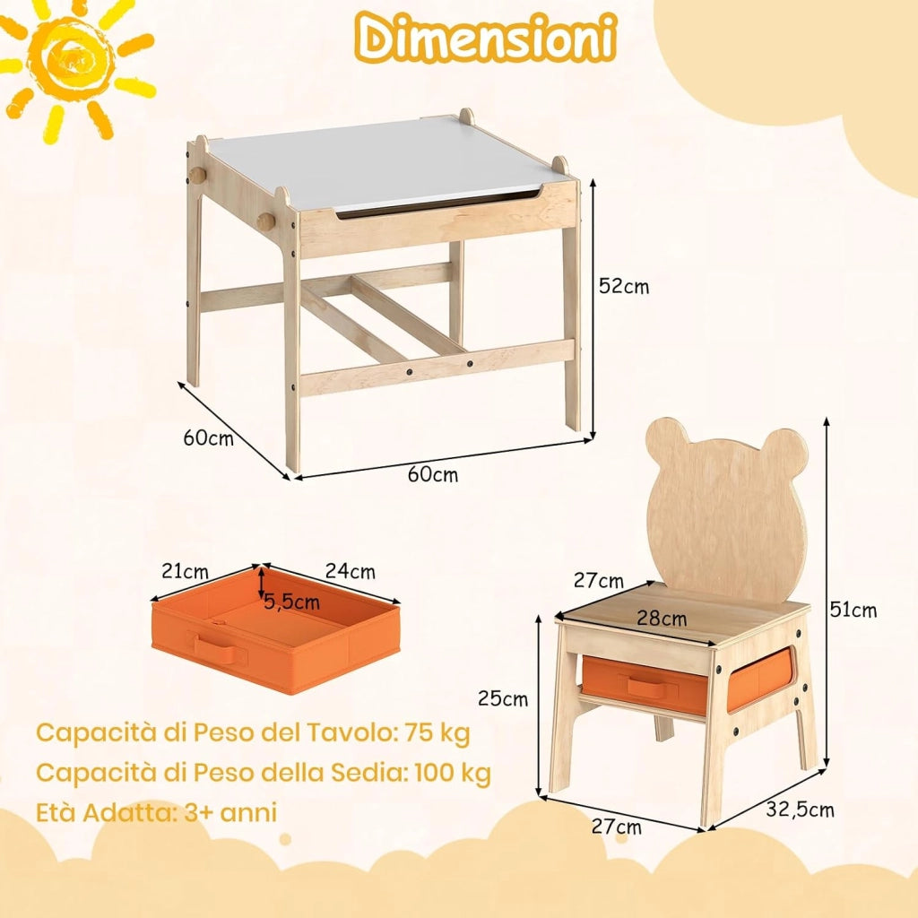 4 in 1 Set Tavolo e Sedie per Bambini 3+ Anni, Tavolo in Legno con Lavagna Reversibile Bianca e Nera, Sedie Ergonomiche con 2 Cassetti Portaoggetti, Ideale per Arti, Mestieri e Giochi (Panda)