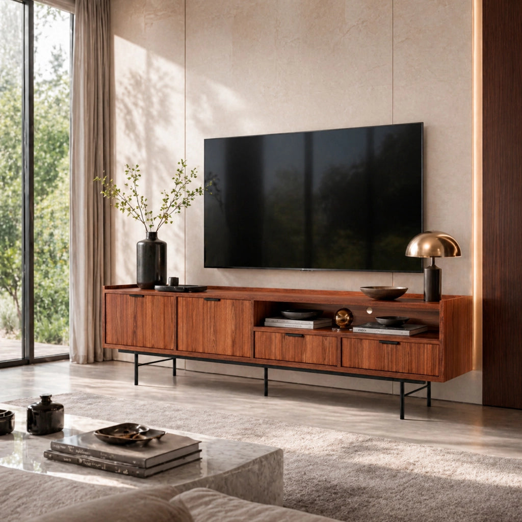 Mobile Porta TV Moderno Per Salotto Zona Living Soggiorno Con 2 Ante A Ribalta 2 Cassetti Vano A Giorno Passacavo Struttura In Melaminico Design Contemporaneo 200 X 40 X 55 Cm Noce
