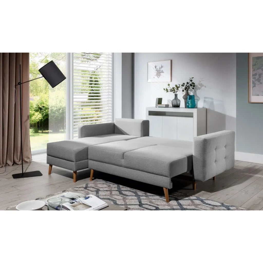 Divano angolare trasformabile HASGARD 3 posti grigio 248x162 cm - con vano contenitore e piedi in legno