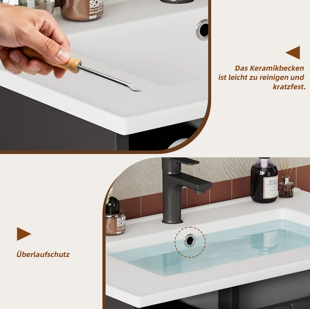 Mobile bagno freestanding nero con lavabo in ceramica, 3 cassetti e anta, 76x47x86 cm