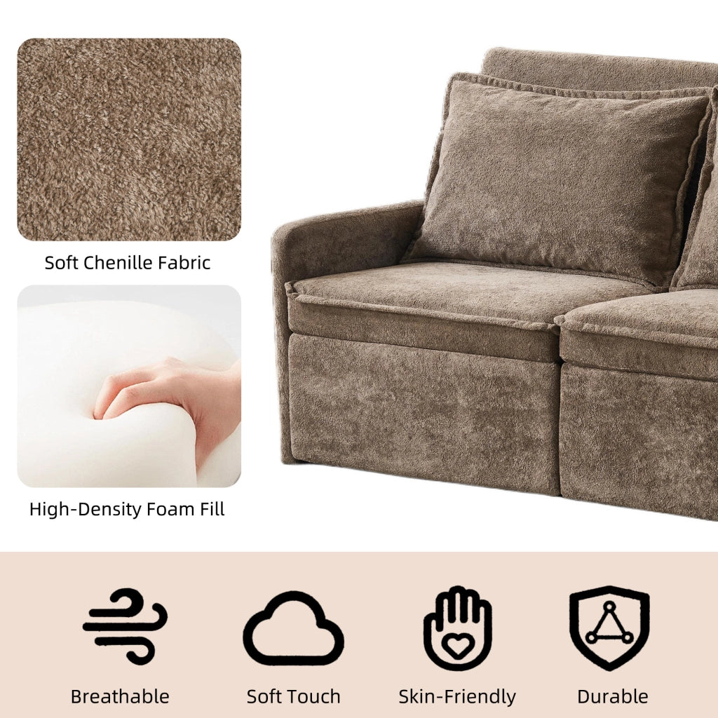 Divano letto pieghevole con funzione dormire, tessuto chenille marrone, con cuscini e porta USB integrato