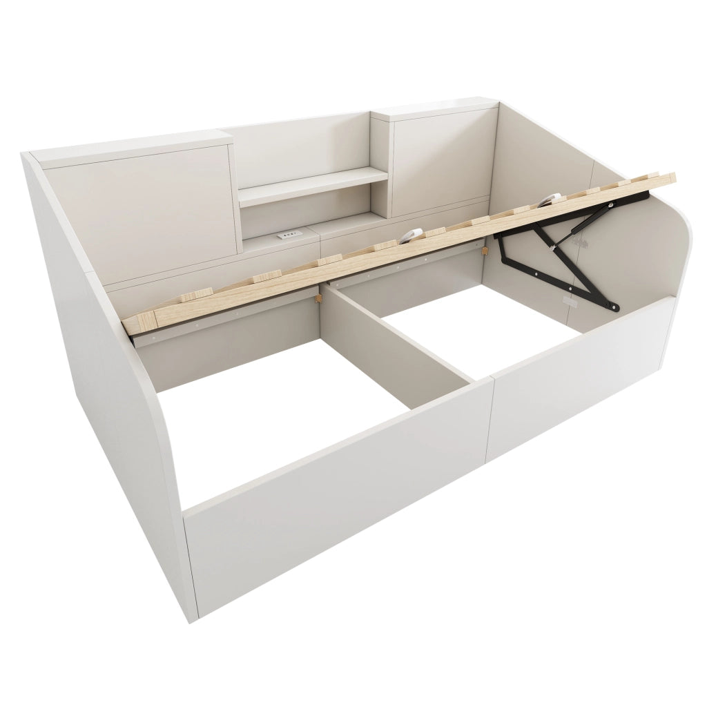 Letto singolo idraulico 90x190 cm bianco con contenitore e stazione USB