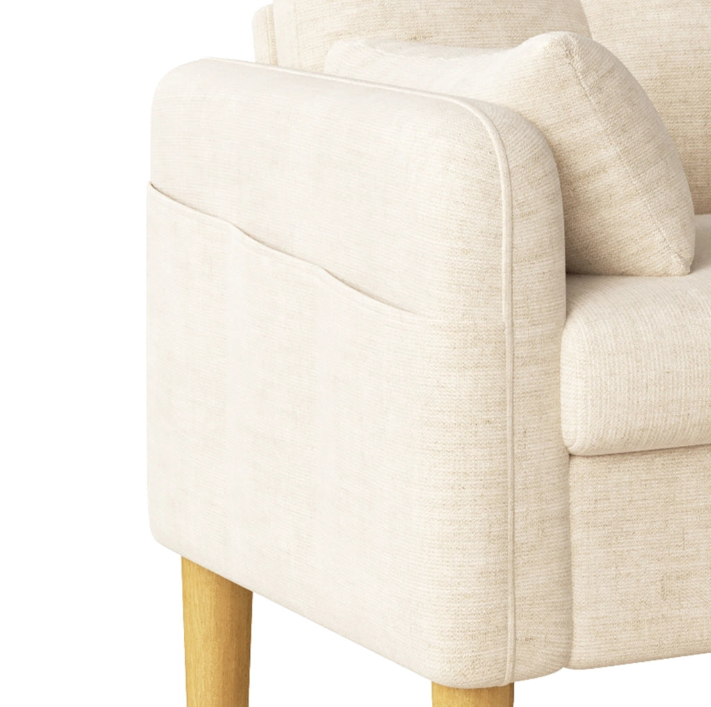 Divano a 2 posti in chenille beige con 2 cuscini; tasca laterale e schienale alto 119x78x85 cm