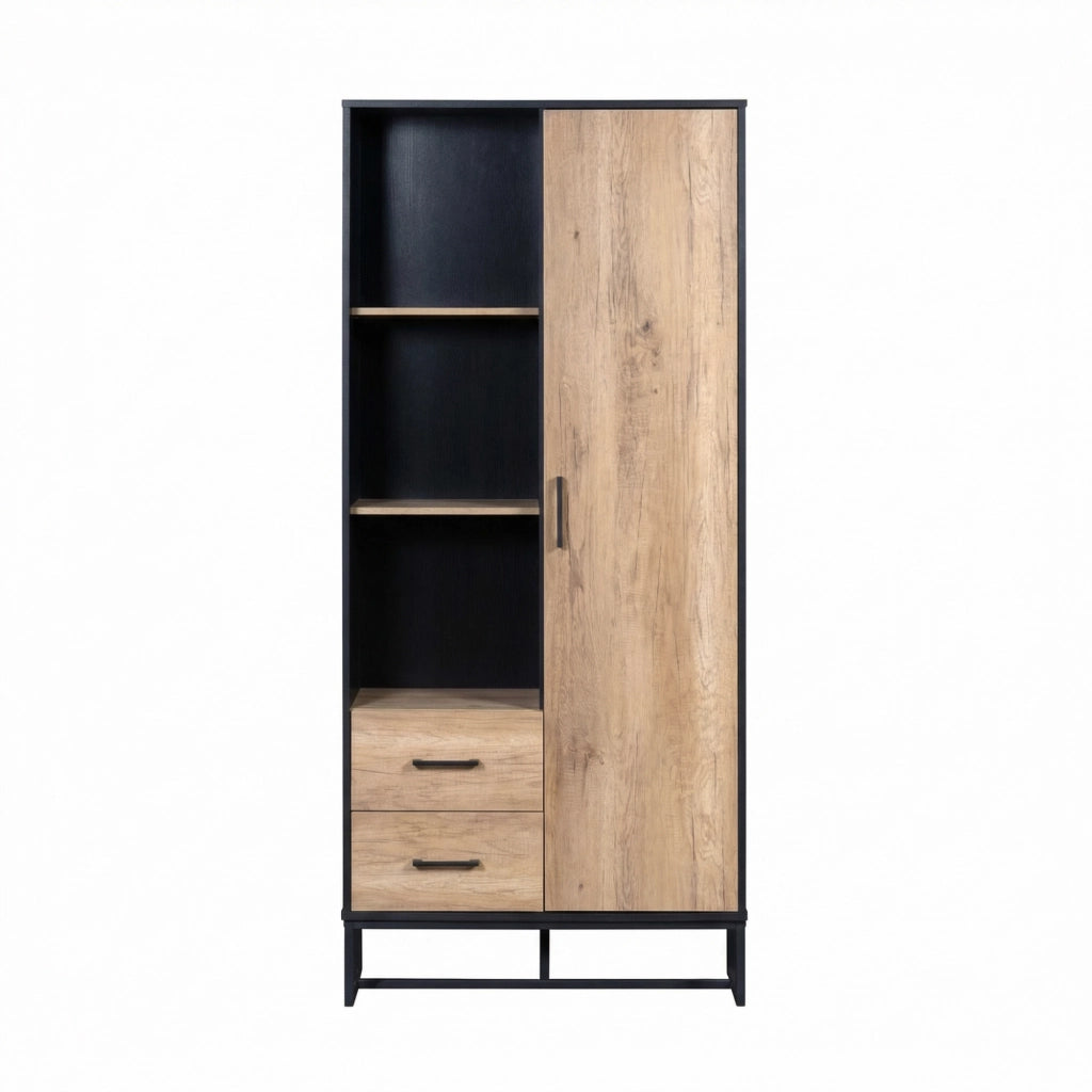 Credenza alta con 1 anta; 2 cassetti e 3 vani aperti per soggiorno; ufficio e ingresso; in MDF; nero e legno; 80 × 40 × 180 cm