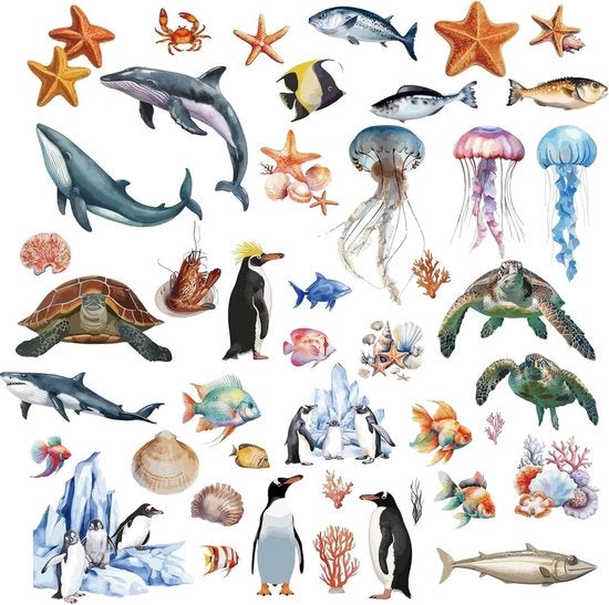 Decorazione estiva per casa, ufficio, camera da bambini - 8 fogli, decorazione estiva con meduse, tartaruga marina, stella di mare, pesce, pinguino.