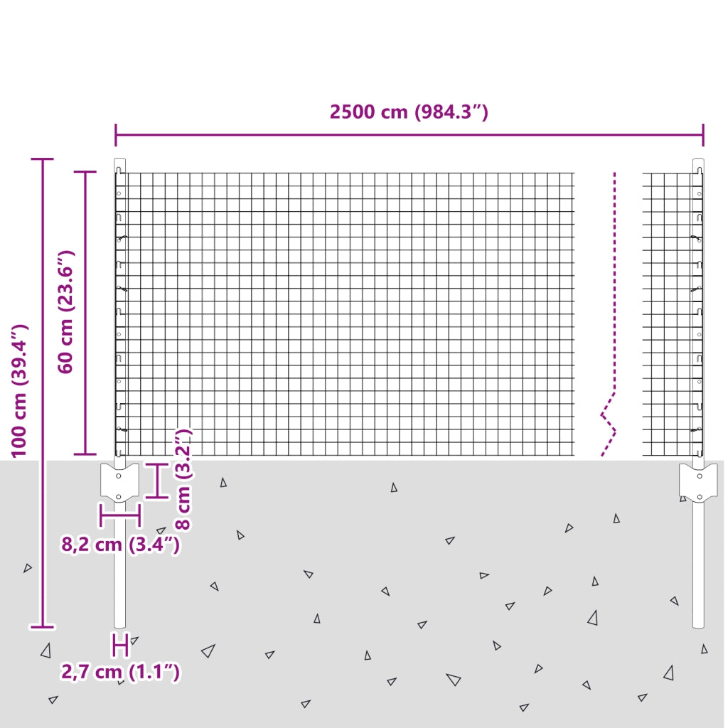 Recinzione in rete saldata con 10 pali a U Argento 0.6x25 m Acciaio