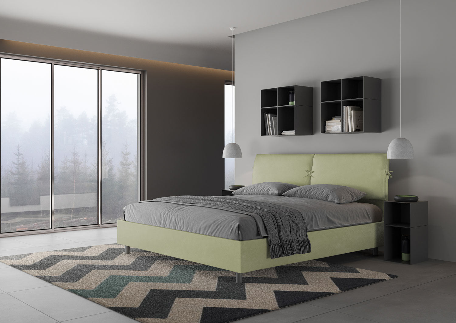 Letto Matrimoniale King Size 200x200 cm con Rete e Contenitore Testata con Cuscini Imbottito in Microfibra Mados Tè