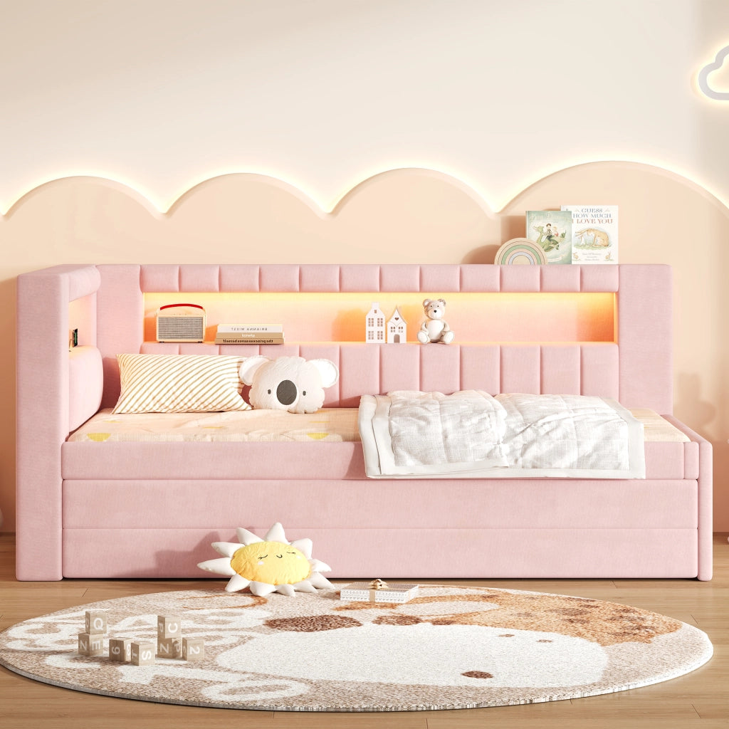 Letto imbottito rosa 90x200 con LED a 7 colori; USB e letto estraibile