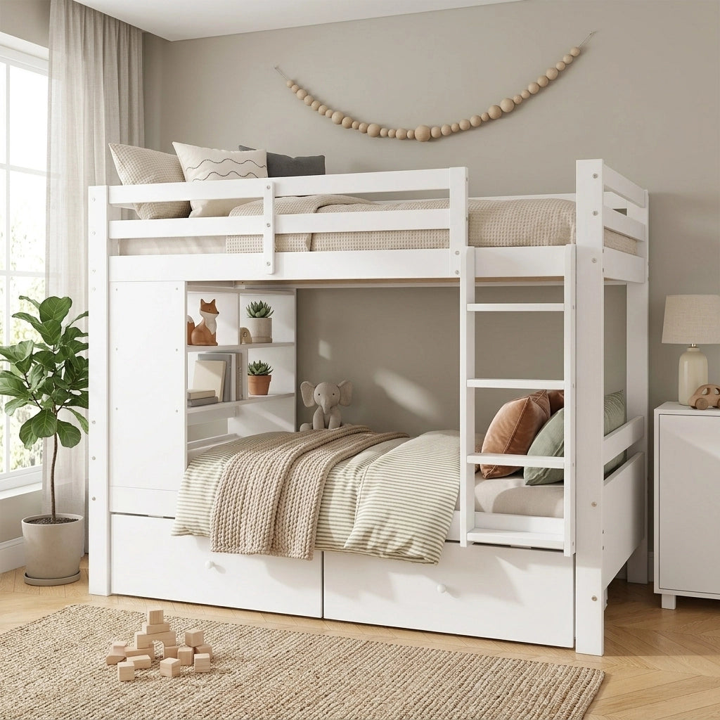 Letto a Castello 90 x 200 cm e 90 x 200 cm; 2 Posti - 2 Cassetti; Scala e Scaffale