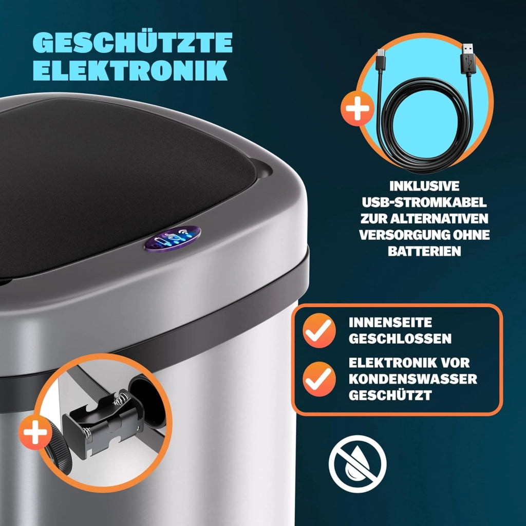 ® Cestino per Rifiuti con Sensore 50L in Acciaio Inox Pattumiera con Fissaggio Coperchio incl. Cavo USB Secchio Display LED