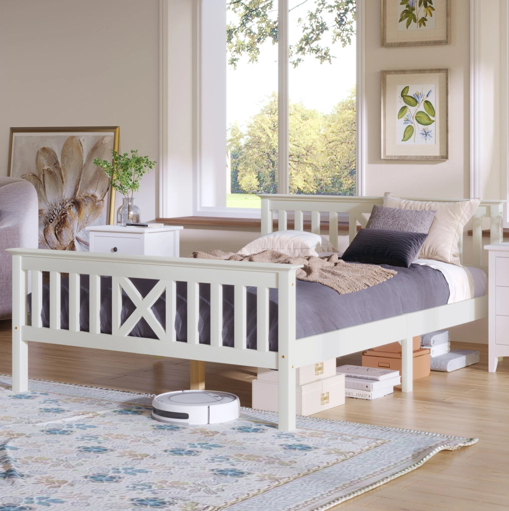 Letto matrimoniale 140x200 cm con testiera a X e doghe incluse; in legno massello bianco