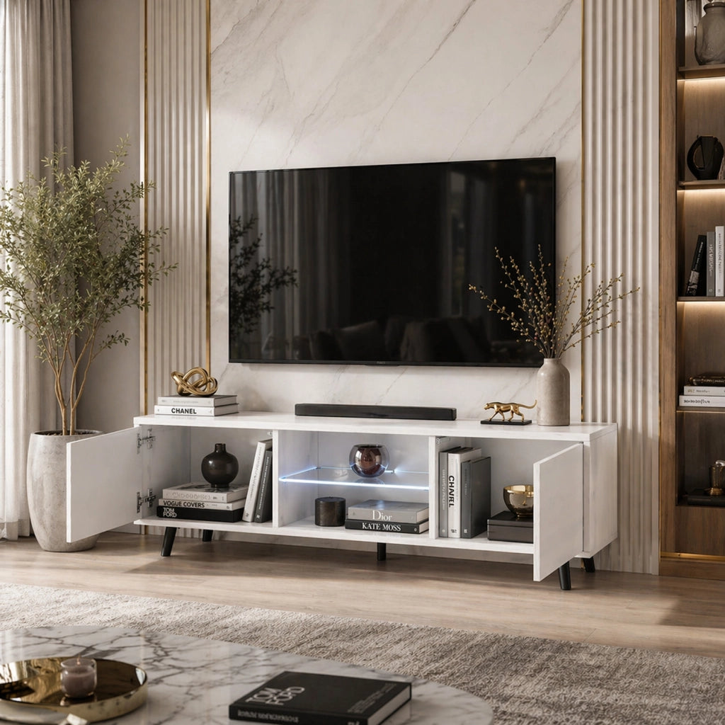 Mobile TV Con Due Ante Battenti Porta Televisore In Melaminico Vano Centrale Con Ripiano In Vetro E LED Piedini In Metallo Per Soggiorno Salotto Zona Living 140 X 31.5 X 40 Cm Bianco