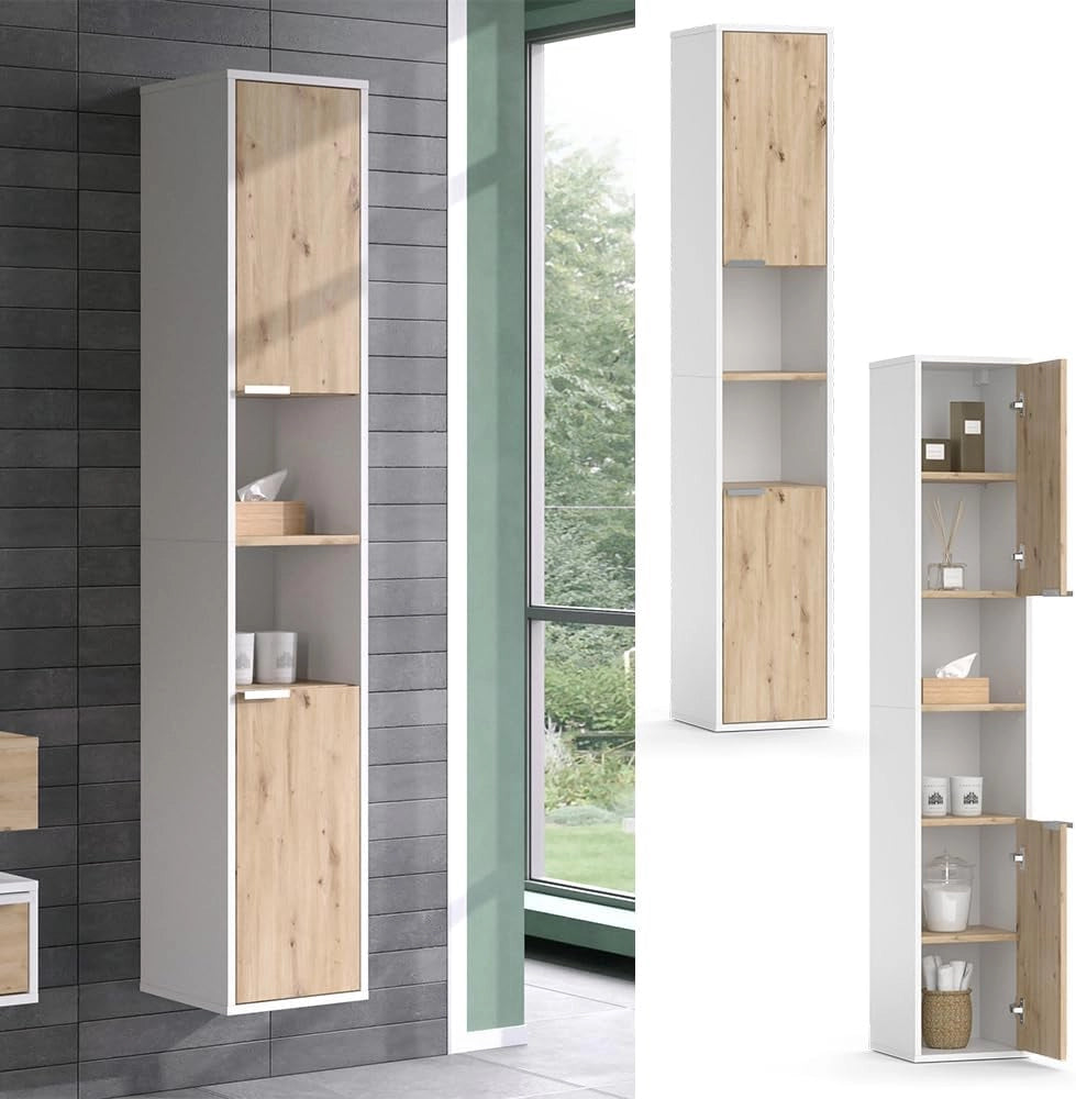 Armadio per il bagno Henri, Bianco, 30 x 165 cm con ante e vani a giorno, per il montaggio sotto il lavandino con ritaglio per sifone