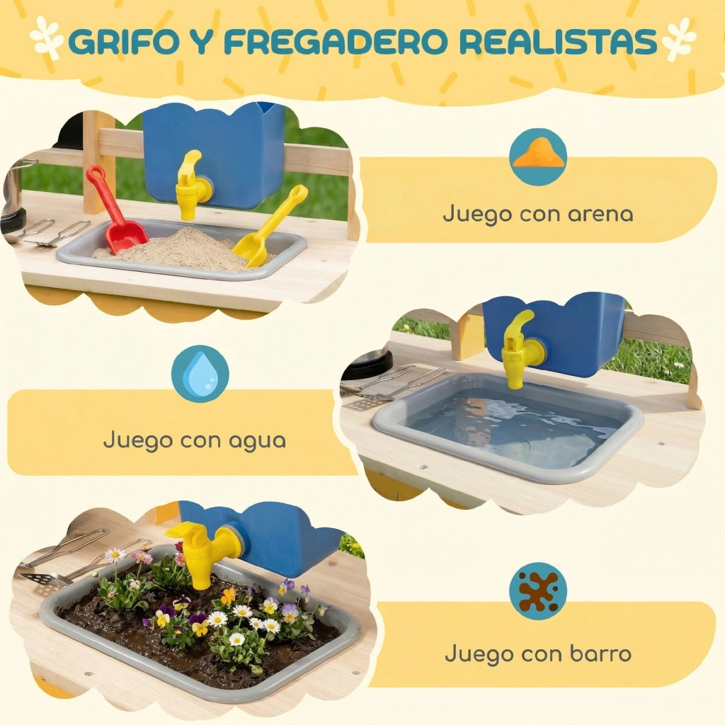 Casetta Gioco Cucina Esterno Legno con Ruote Lavandino e Accessori ¨C zephmum ¨C Giallo 84.2x34.4x90 cm
