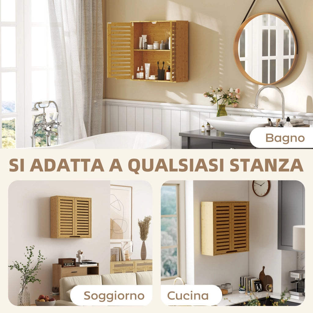 Pensile Bagno con Ripiano Interno Regolabile e Ante a Persiana. in Bamb¨´. 60x20x60 cm. color Legno