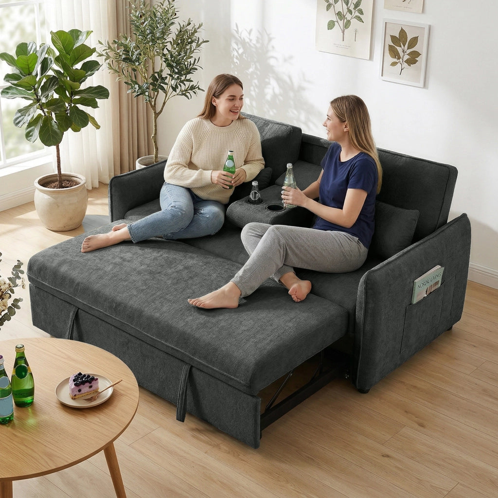 Divano Letto 2 Posti 166x90x84 cm con Schienale Regolabile in 3 Posizioni con 2 Cuscini in Ciniglia Grigio Scuro