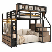 Letto a Soppalco 140x200 cm - LED; Ripiani; Appendiabiti; Cassetti in Tessuto - Nero