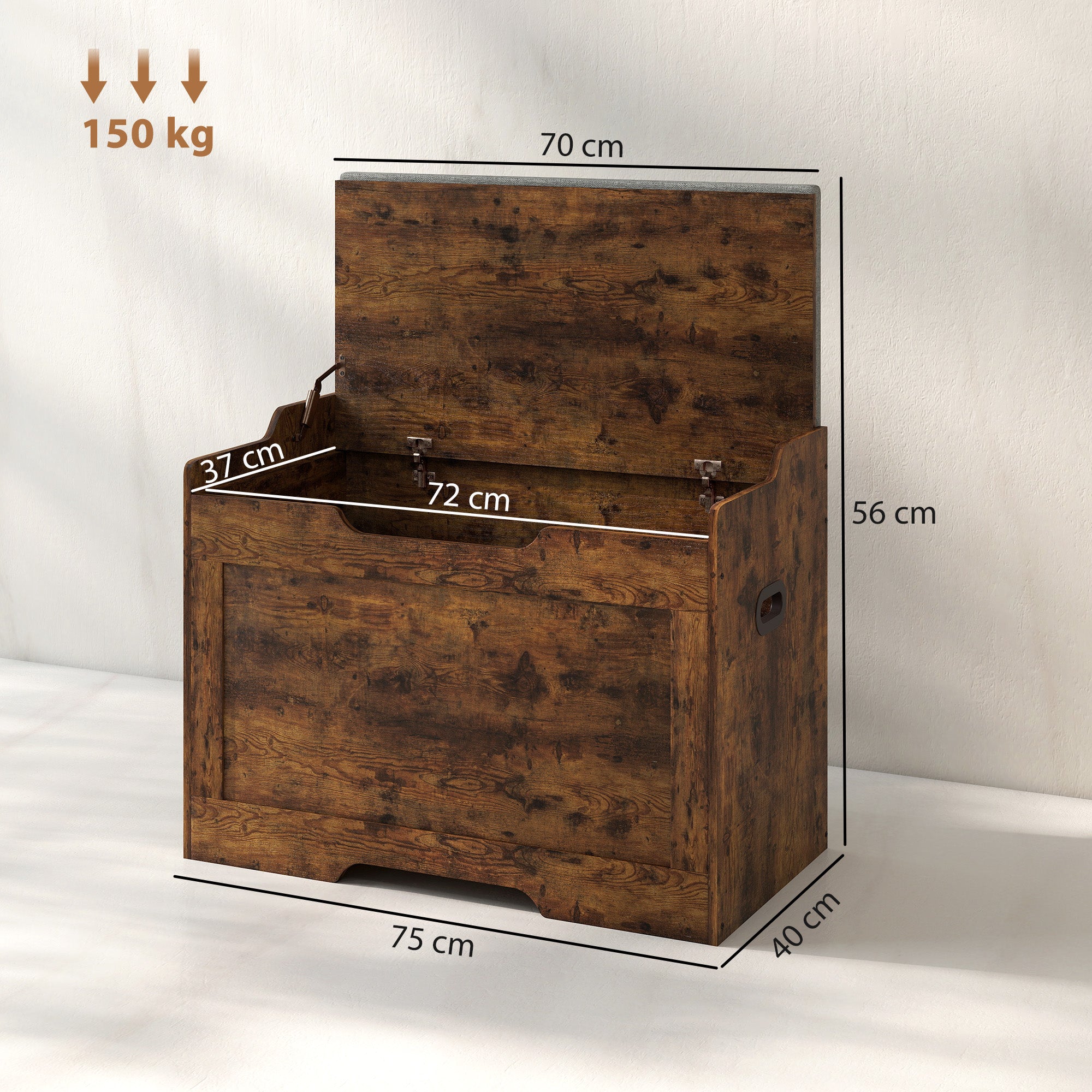 Panca Contenitore da 103L Multifunzione 75x40x56 cm color Legno con Cuscino in Tessuto Grigio