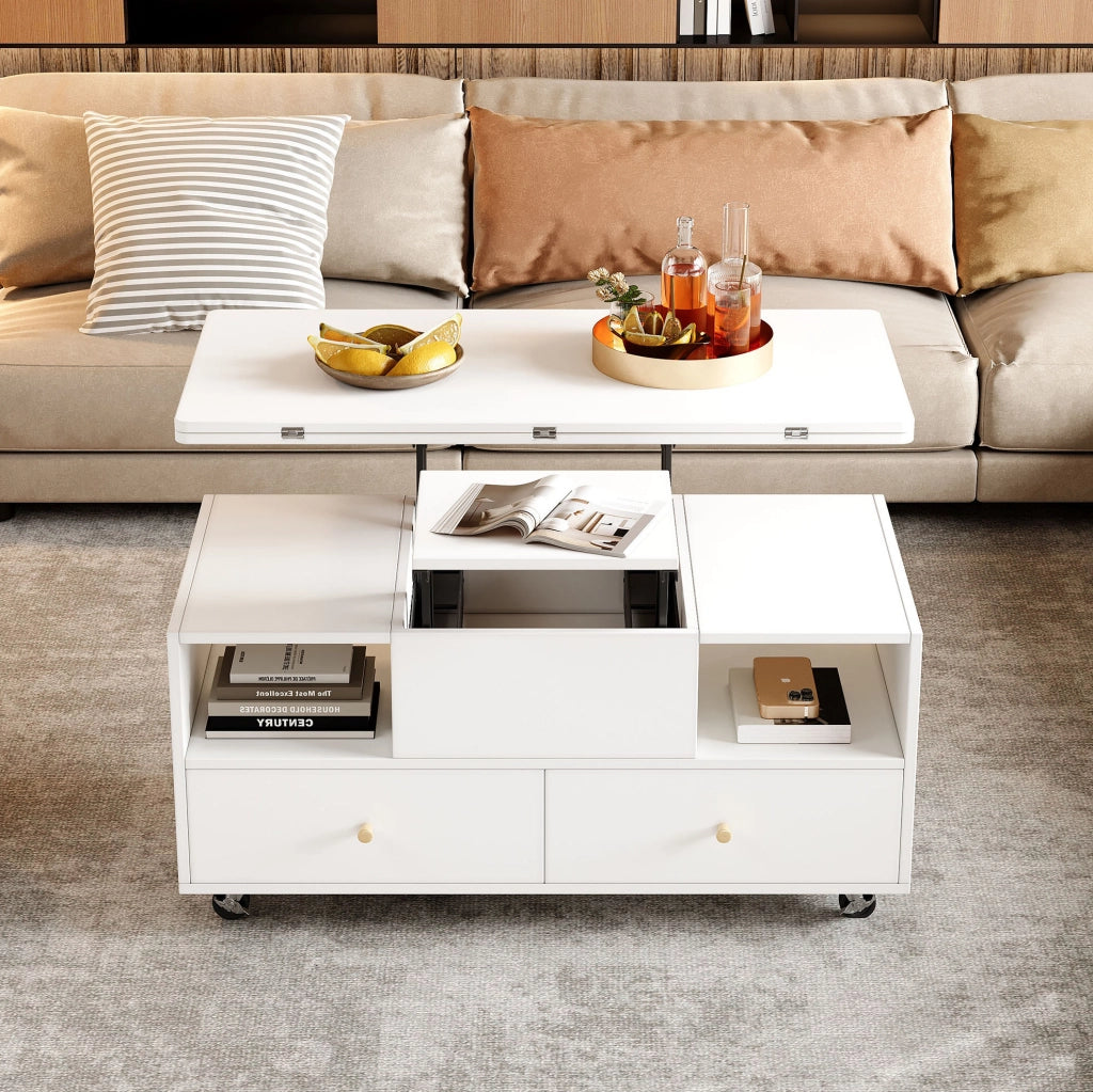 Tavolino da caffè 100x50x47;5 cm sollevabile e pieghevole in MDF bianco