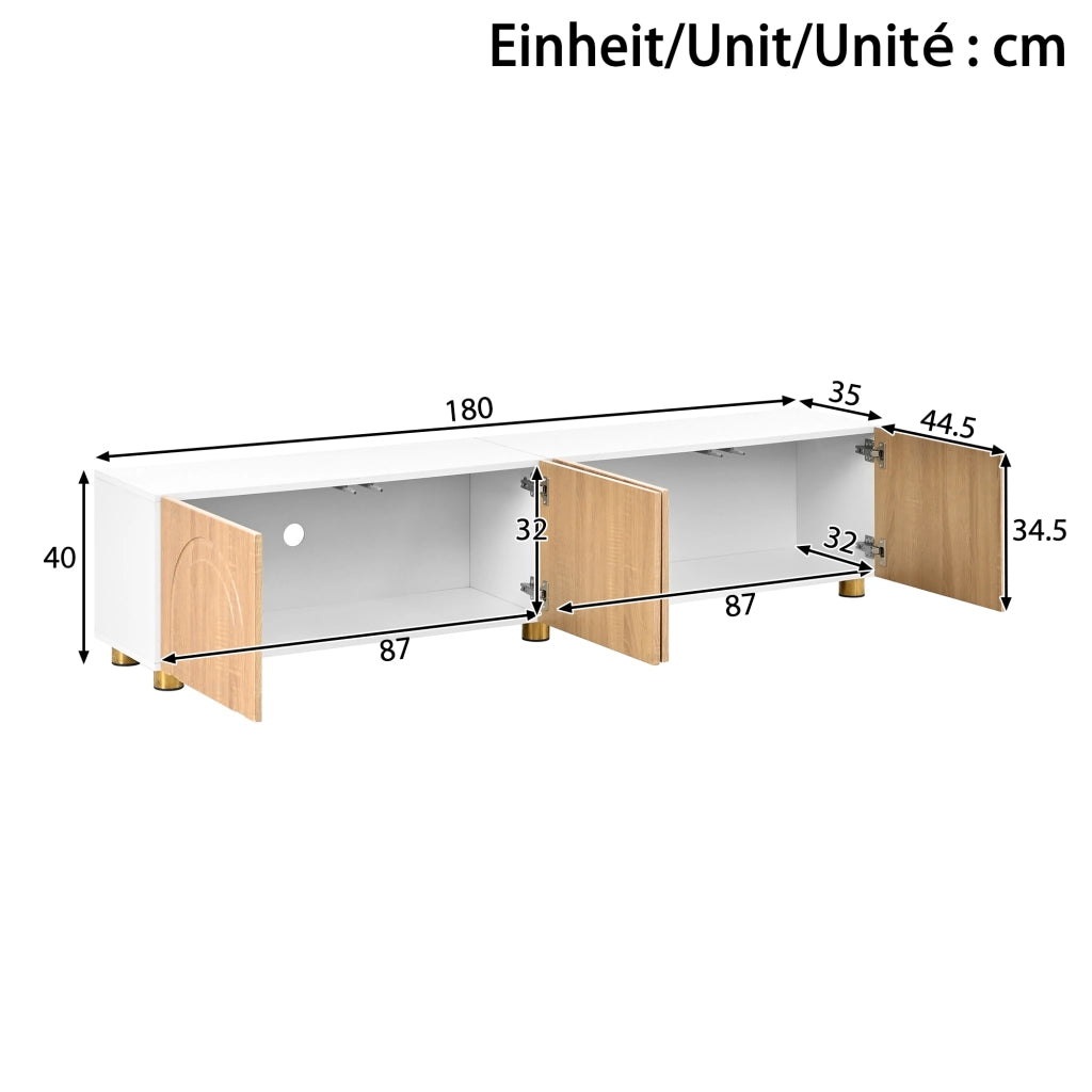 Mobile porta TV con 4 ante e rilievo ad arco, piedi in metallo, per soggiorno, in MDF e truciolare, 180 × 35 × 40 cm