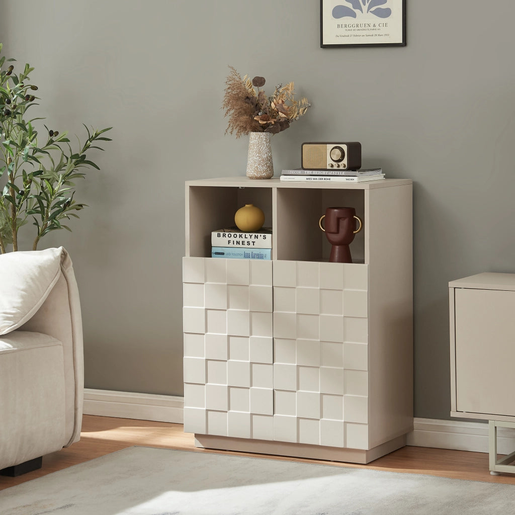 Armadio Comò Alto Bopibobro a 2 Ante Credenza con 2 Ripiani Aperti e 4 Vani Chiusi 86 x 64 x 36 cm - Beige [en.casa]