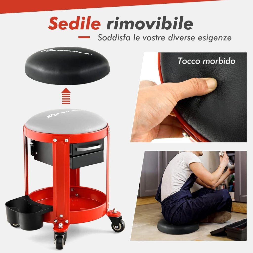 Sgabello da Officina, Sgabello Meccanico Rotante con 2 Cassetti, Ripiano, Vassoio, Ruote, 150 kg di capacità, per Garage, Officina