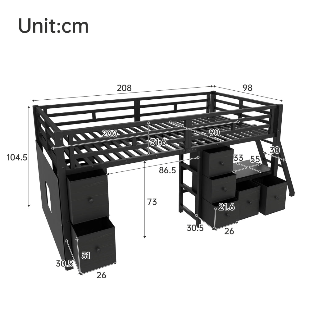 Letto a mezza altezza 90x200 cm salvaspazio con 7 cassetti in tessuto; mensole; area gioco e LED 7 colori; nero