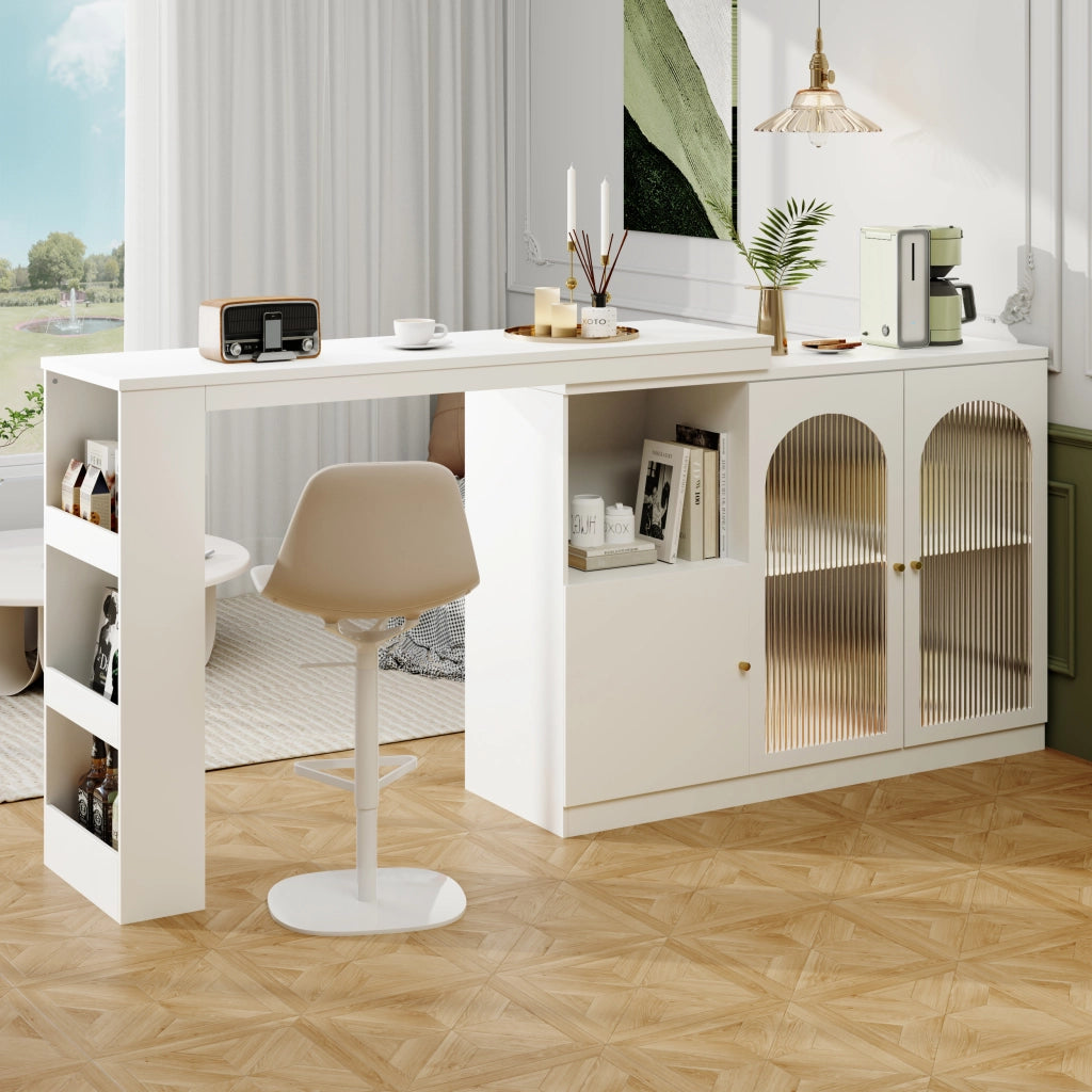 Mobile Bar Girevole con Anta in Vetro; Ripiani Aperti e Vano Contenitore Chiuso per Cucina e Sala da Pranzo; Bianco