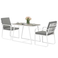 Set da Esterno 3 Pezzi con 2 Sedie con Braccioli e Cuscini e Tavolo con Piano in Vetro, Bianco