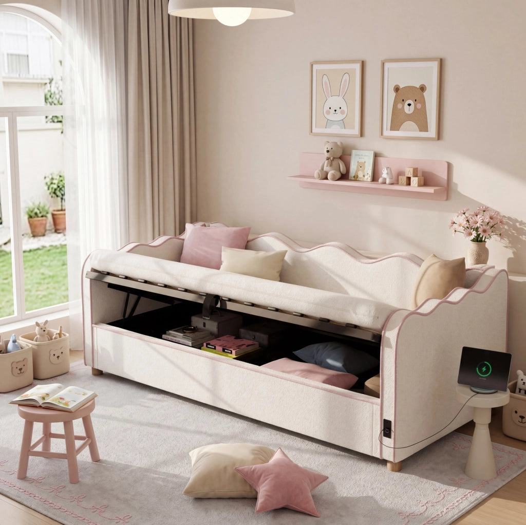Letto 90x200 cm con contenitore idraulico; USB C; bouclé beige