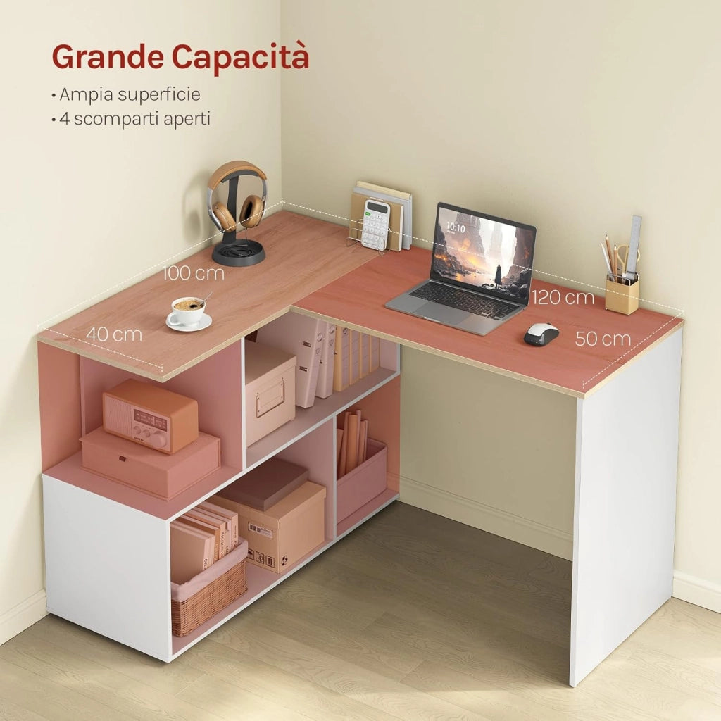 Scrivania Angolare, 120x100 cm Scrivania a Forma di L con Libreria, Bianco+Rovere Chiaro, Scrivania Ufficio per Computer, Tavolo da Lavoro, Studio and Soggiorno