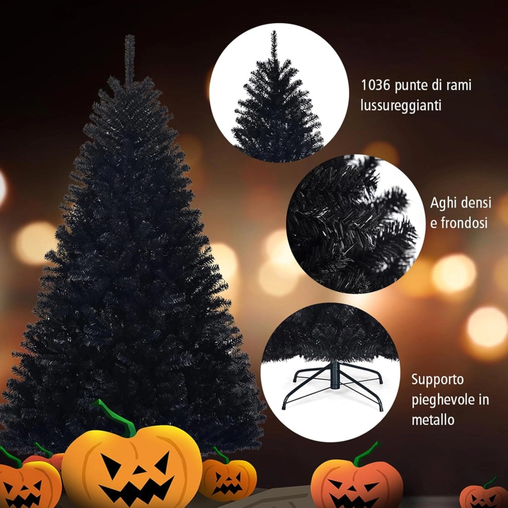 Albero di Natale Nero 180/225 cm, Albero di Natale Artificiale con 1036/1258 Rami Folti e Base di Metallo con Cuscinetti Antiscivolo, Ideale per Halloween e Natale (180x Ø112cm)