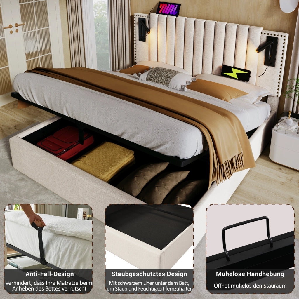 LETTO Contenitore 140x200 cm Beige con luce di lettura e USB