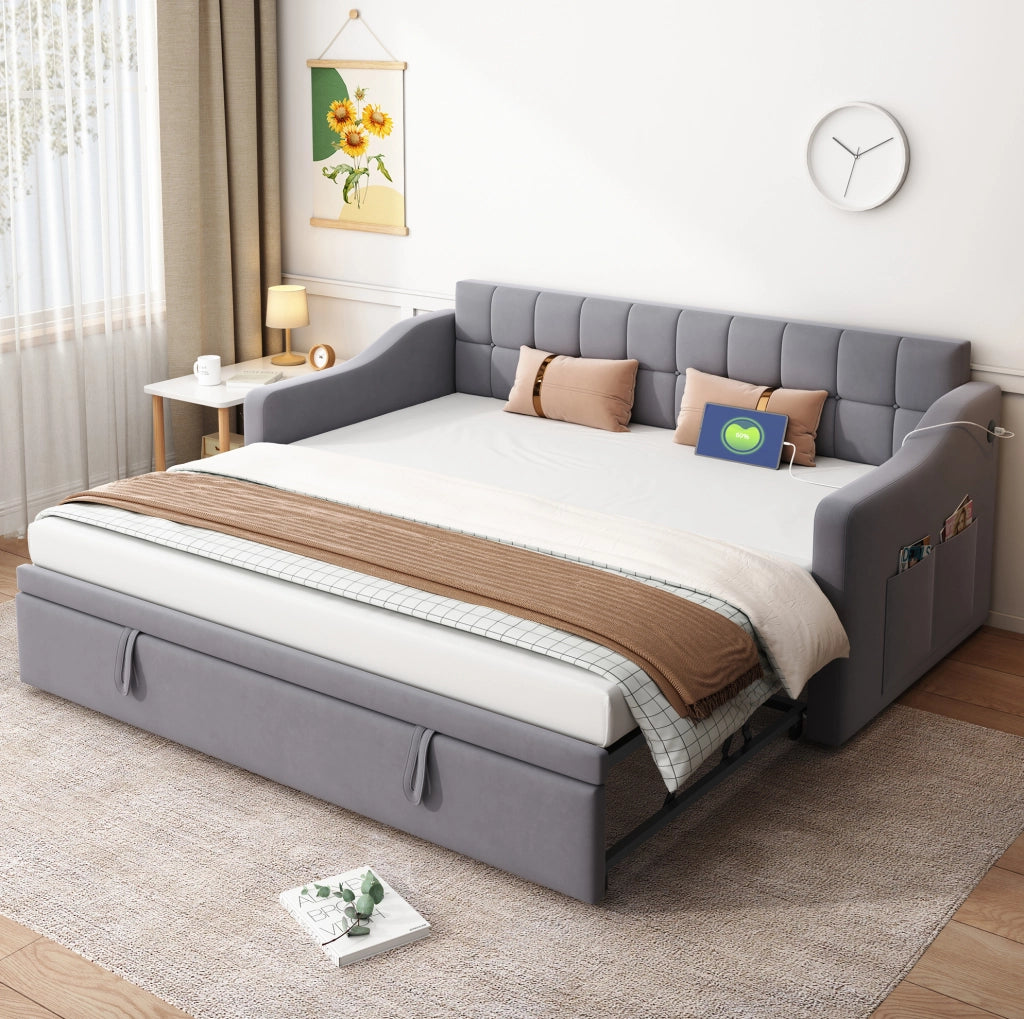 Letto imbottito estraibile 90x190 cm grigio con porte USB
