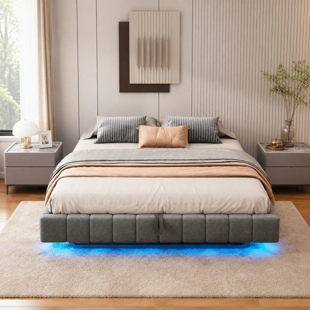 DESMIU Letto imbottito 180 × 200 cm 2 posti con LED regolabile e contenitore, senza materasso, in lino grigio