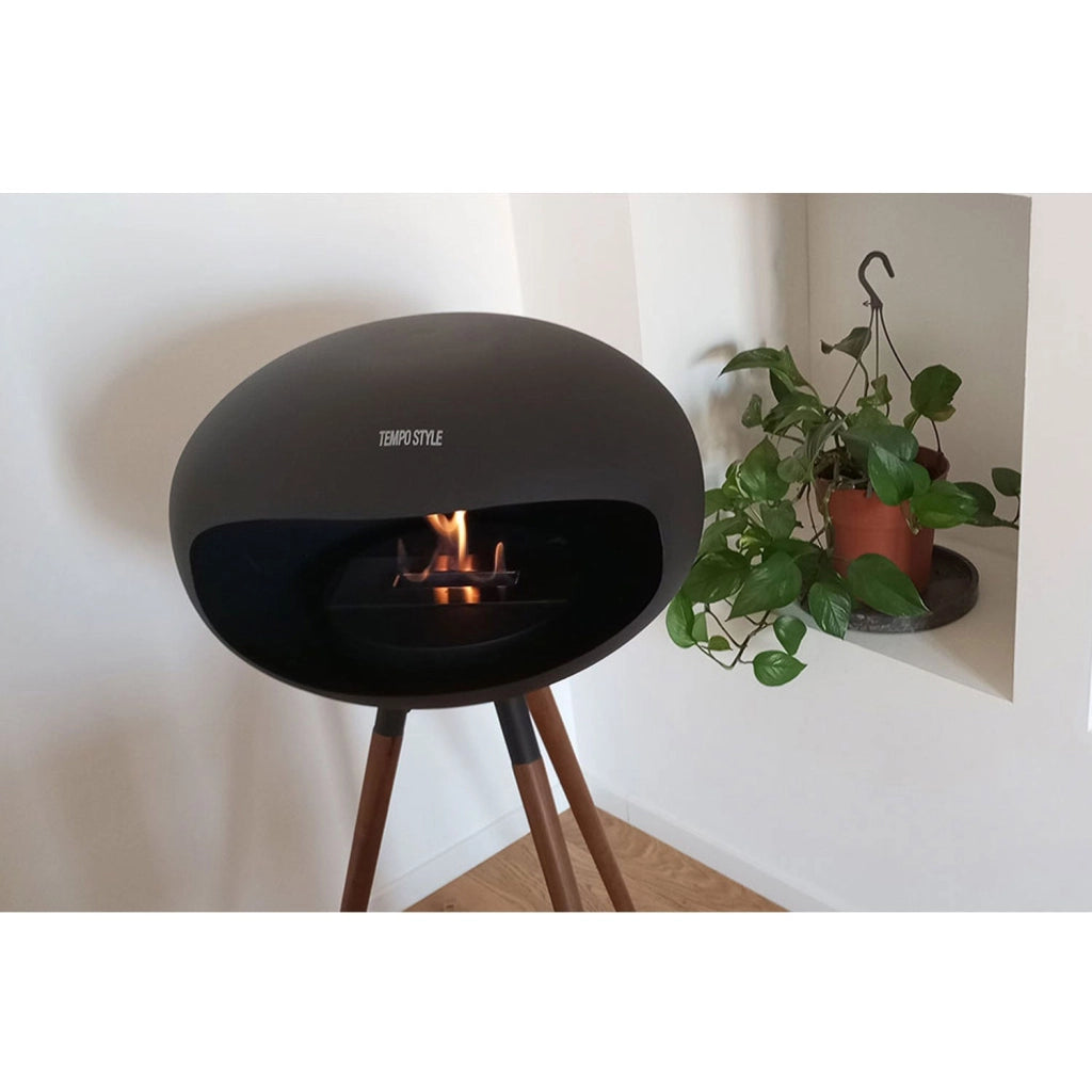 Camino a Bioetanolo da Pavimento Ø50x74 cm SICILY in Stile Nordico in Metallo Nero e Gambe in Legno Rovere