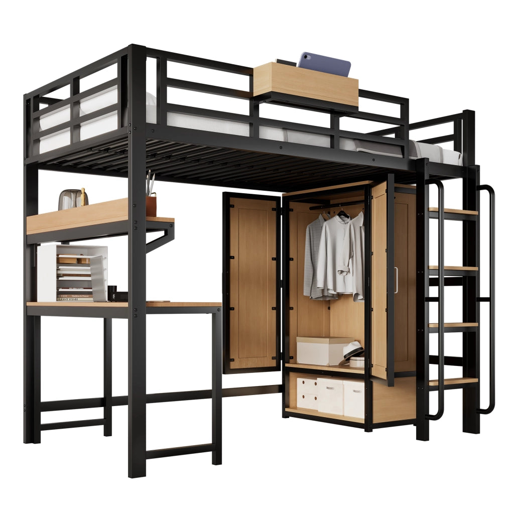 LETTO a soppalco con scrivania, armadio e ripiani 204x95x168,5 cm Nero/Naturale