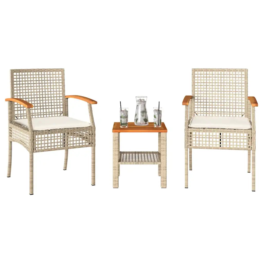 Set da BistrÃ² 3 pz con Cuscini Beige Polyrattan e Legno Acaciacod mxl 114420