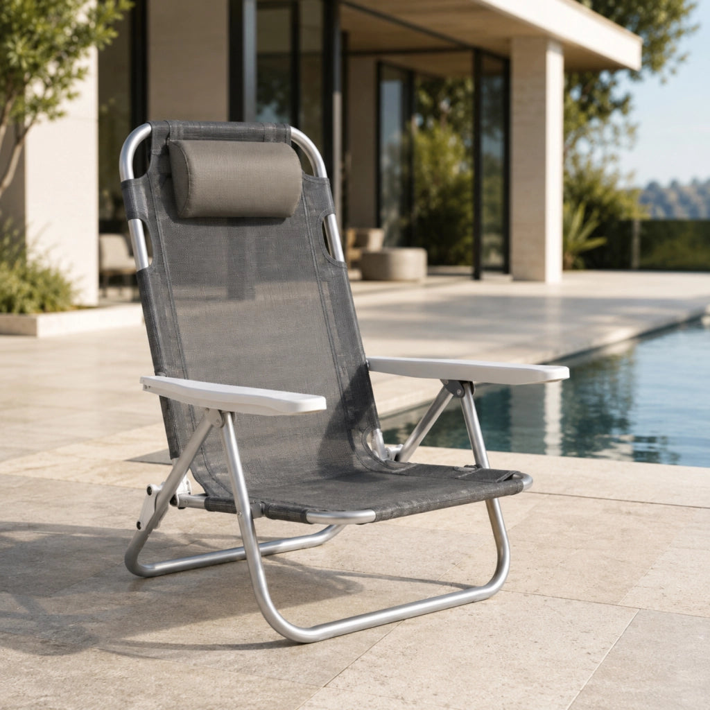 Spiaggina Reclinabile Da Mare E Campeggio Con Poggiatesta Imbottito Sedia Pieghevole In Alluminio E Textilene Traspirante Trasformabile In Lettino 48.5 x 60 x 80 Cm Grigio