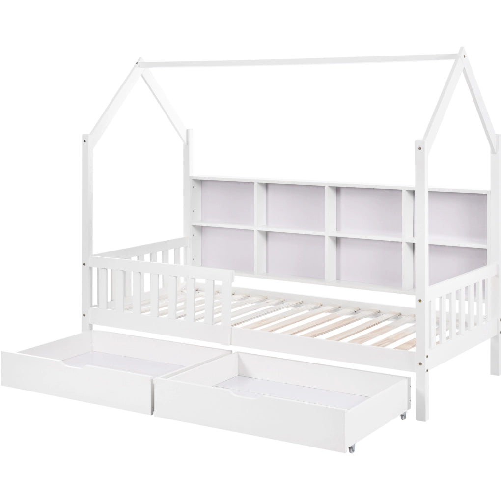 Letto a casetta per bambini 90x200 cm in pino bianco con libreria; 2 cassetti e sponde