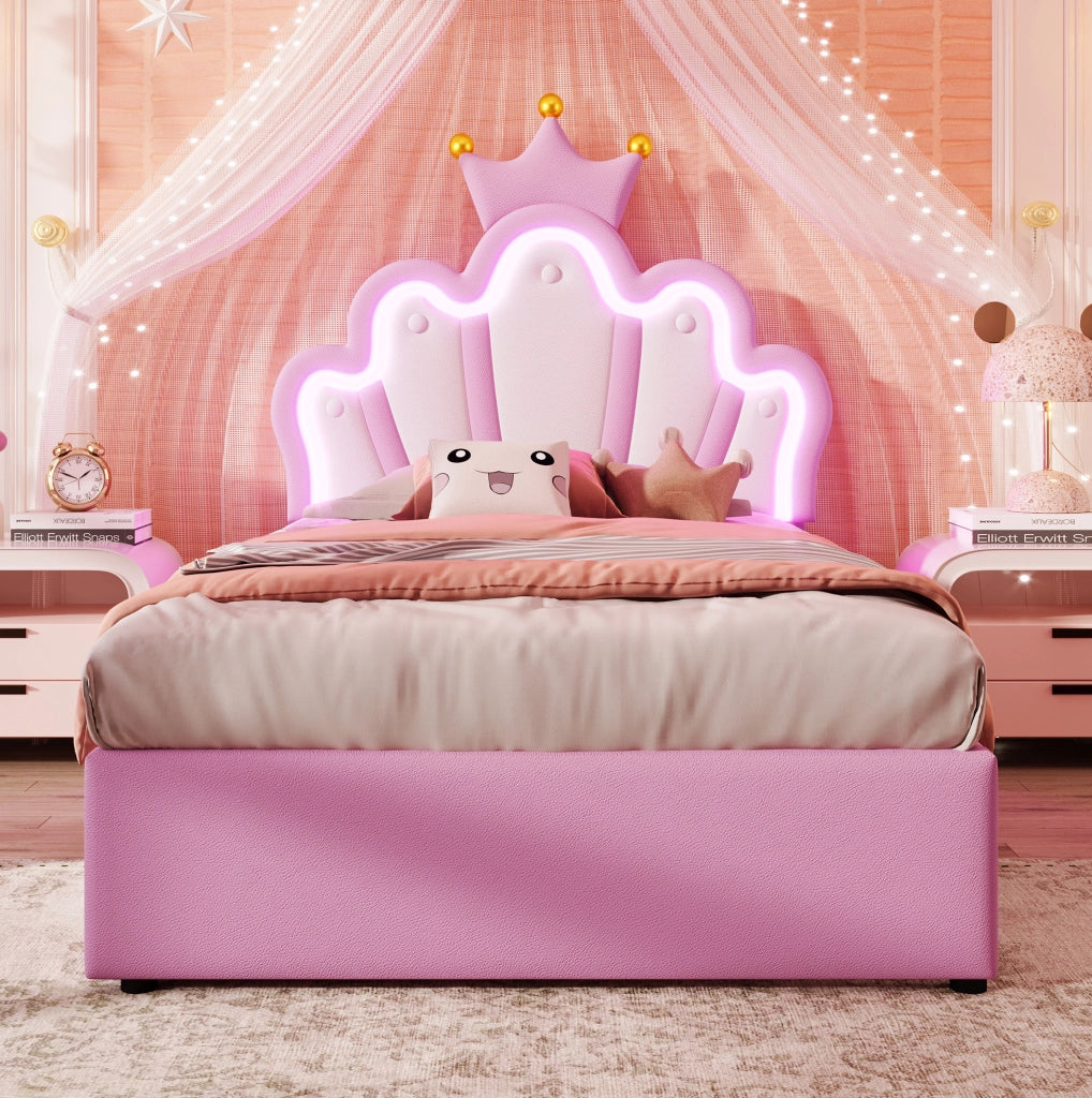 Letto imbottito 90x200 cm; testiera regolabile e luci LED; PU rosa (Senza materasso)