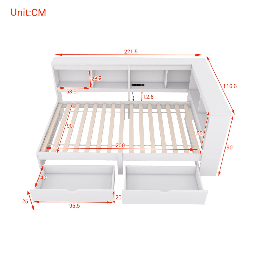 Divano letto 90x200 cm con 2 cassetti e prese USB; truciolare e MDF; bianco (Senza materasso)