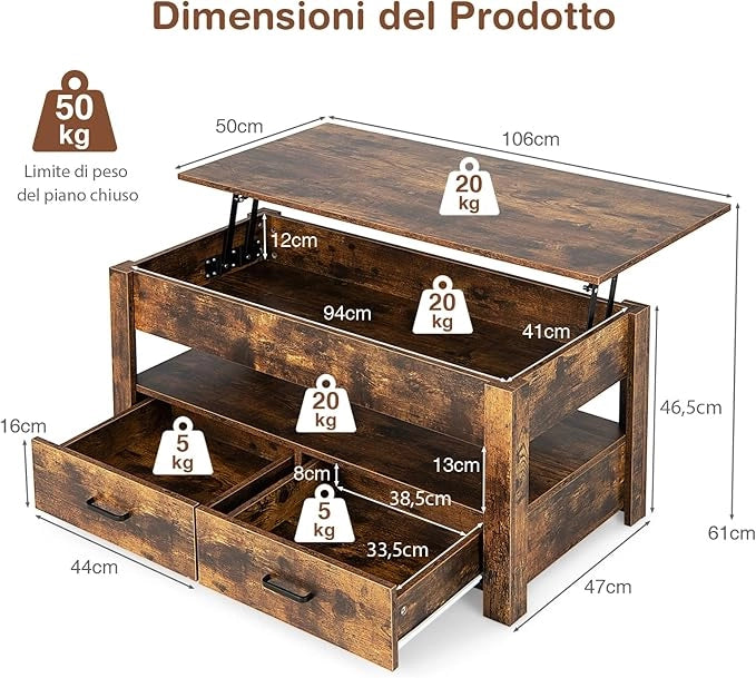 Tavolino da Caffè Sollevabile, Tavolino da Divano Industriale con 2 Cassetti, Vano Chiuso, Ripiano e Sistema di Sollevamento Pneumatico, Tavolino da Salotto, Studio e Ufficio