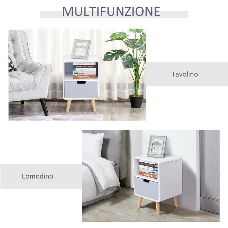 COMODINO CON CASSETTO IN LEGNO DI PINO 40X38X58 CM BIANCO E GRIGIO