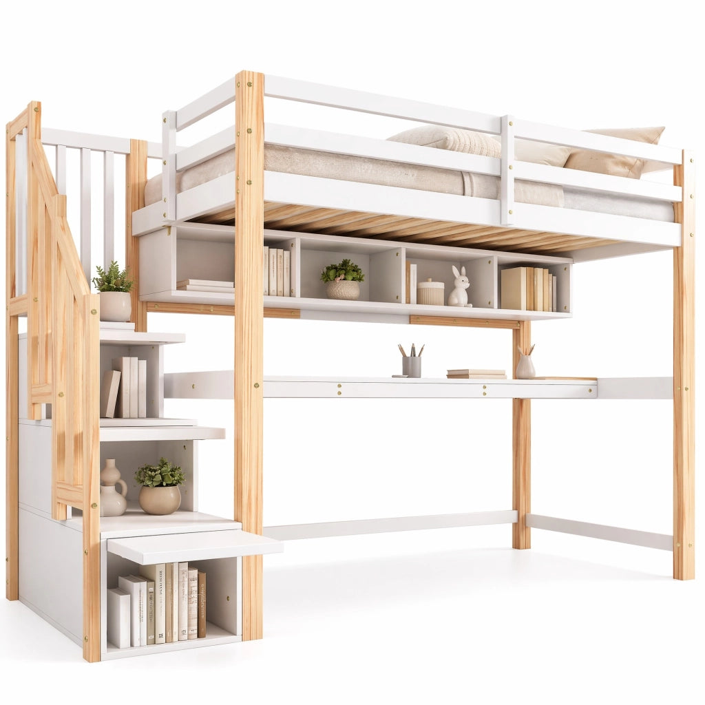 Letto a soppalco per bambini 90x200 cm bianco e rovere con scrivania, scale e scaffali