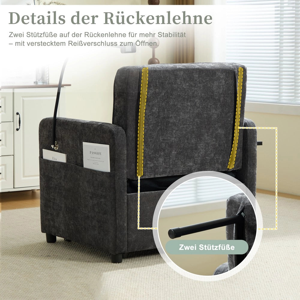 Poltrona letto ¨C Minimal ¨C tessuto chenille grigio con cuscini, tasche laterali e tavolino
