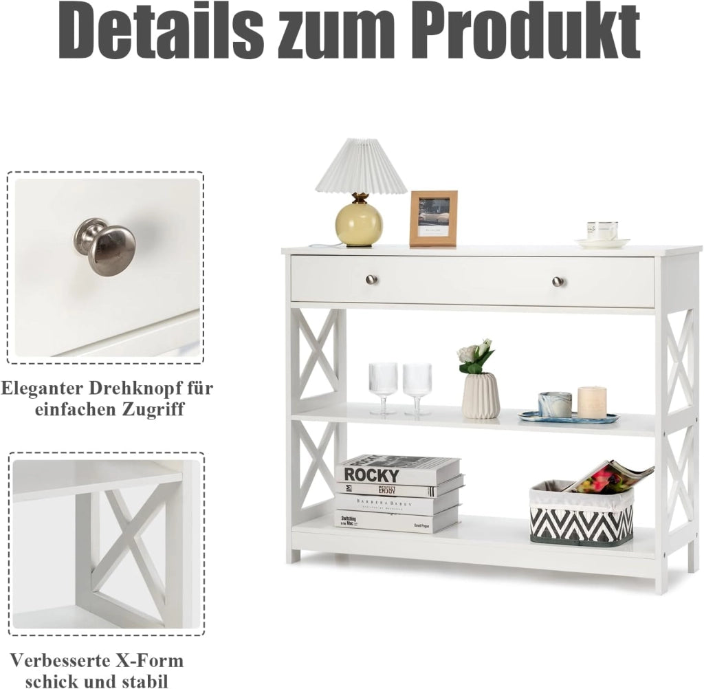 Ingresso per ingresso, console da ingresso stretta a 3 livelli con ampio cassetto per chiavi, orologi e gioielli, mobile ingresso per soggiorno e camera da letto, 100 x 30 x 80 cm (bianco)