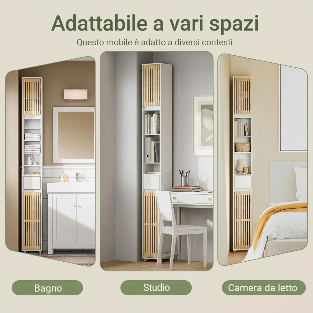 Mobile Bagno Salvaspazio Colonna Armadietto Alto con 6 Ripiani Regolabili, Colonna Bagno con Ante in Bambù, Mobile Alto e Stretto per Piccoli Spazi, Bianco, 20x20x180cm, BZR34-BW