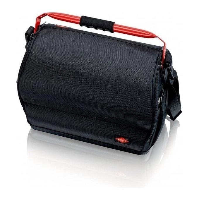 KNIPEX 00 21 08 LE Borsa portautensili LightPack Apribile su entrambi i lati Tessuto poliestere resistente con cerniera e chiusura a strappo Maniglia in acciaio con soft-grip Tracolla regolabile con tasca per cellulare Carico max 20 Kg colore Nero e Rosso